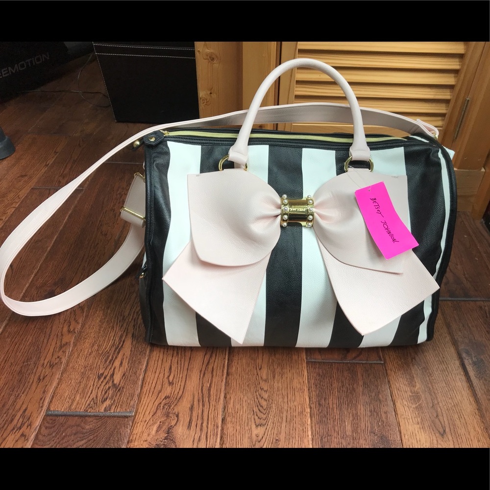 Betsy Johnson Striped Pink Bow Weekender Bag